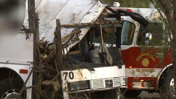 The wreckage of a tour bus the day after it crashed on State Route 38 north of Yucaipa on Sunday, Feb. 3, 2013.