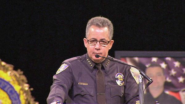 Riverside Police Chief Sergio Diaz speaks at a funeral service for Officer Michael Crain on Wednesday, Feb. 13, 2013. The 34-year-old was gunned down in an alleged ambush by former LAPD officer Chris Dorner on Thursday, Feb. 7, 2013.
