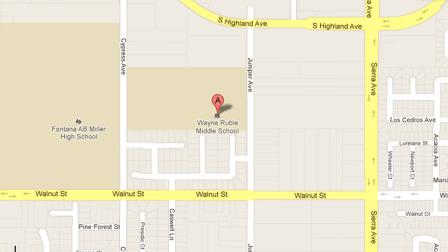 A map indicates the location of Wayne Ruble Middle School in Fontana, where a teacher was found dead.
