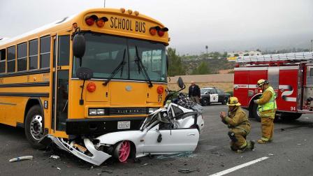 An 18-year-old driver was hospitalized after his car collided with a school bus at the intersection of Canyon Ridge and Summerhill drives in Lake Elsinore on Friday, April 12, 2013.
