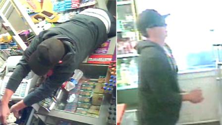 Surveillance images show a suspect wanted in an armed robbery at a Hemet liquor store on Tuesday, May 21, 2013.