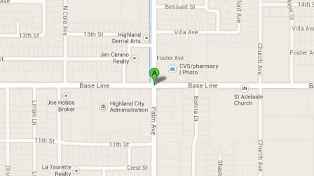 A Google Maps image shows the intersection of Baseline Street and Palm Avenue in Highland. Sheriffs deputies said they found two kids locked in the trunk of a Cadillac in the area on Sunday, Aug. 4, 2013.