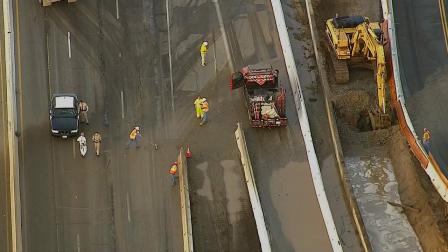 A gas main break triggered the closure of a stretch of the 215 Freeway near Highgrove in Riverside County on Friday, August 16, 2013.