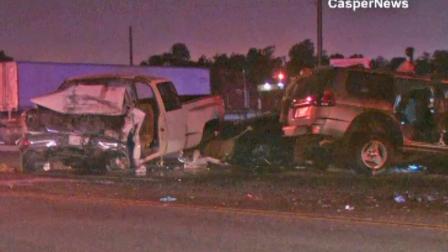 One person is dead and four injured following a fiery 3-car collision near Rubidoux Boulevard and El Revino Road in the Rubidoux area of Riverside County on Sunday, Aug. 25, 2013.