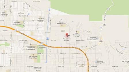 A map indicates the area near Patton State Hospital in the 3100 block of East Highland Avenue in San Bernardino where a man was fatally attacked by another inmate on Saturday, Aug. 31, 2013.