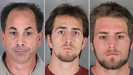 Bruce Borynack, 49, Zachariah Borynack, 25, and Zephaniah Borynack, 23, all from Cherry Valley, are shown in booking photos from the Riverside County Sheriffs Department.