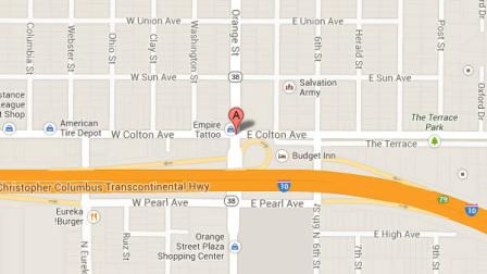 A Google Maps image indicates the location of a robbery at a bus stop near the intersection of Orange Street and Colton Avenue in Redlands on Wednesday, Oct. 16, 2013.