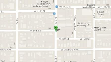 A Google Maps image shows the area of Evans and E streets in San Bernardino.