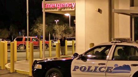 A Moreno Valley Police Department patrol vehicle is shown parked outside of the Riverside County Medical Center.