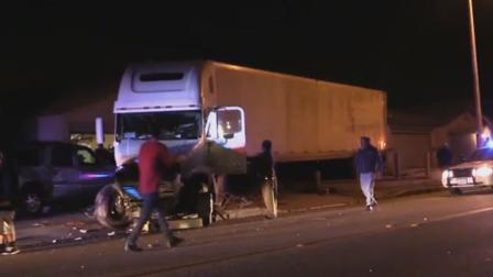 A big rig veered out of control in Victorville Friday night, plowing through five front yards and striking four cars before finally coming to a stop on Friday, Jan. 31, 2014.