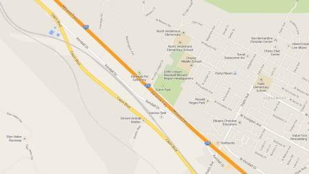 A map indicates the area near Little League Drive on the northbound 215 Freeway where a mans body was found Sunday, Feb. 16, 2014.