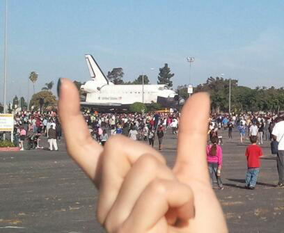 On Sunday, Oct. 14, 2012, ABC7 viewer Matthias sent in this picture of his wife posing with space shuttle Endeavour.