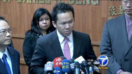 Former San Gabriel Mayor Albert Huang, 35, is seen addressing the media. Huang resigned his post in October after he was arrested on charges assault, robbery and battery following a heated argument he had with a woman.