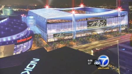 This file photo shows a proposed football stadium for an NFL team in downtown Los Angeles.