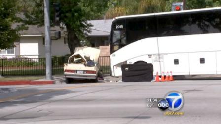 A tour bus collided with a car in Pomona on Thursday morning, killing one person and injuring another.