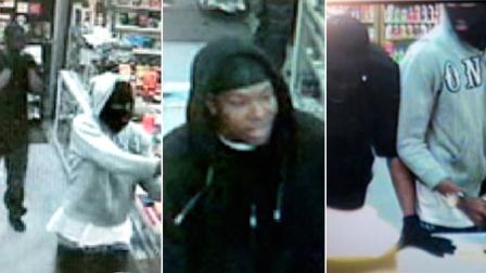 Los Angeles investigators are trying to track down armed robbers caught in the act by a surveillance camera in March.