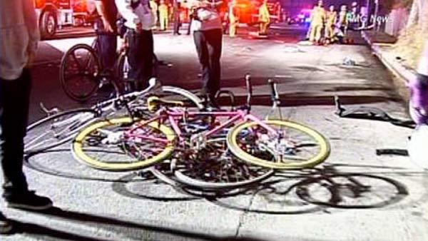 Bikes are seen on the street where a suspected drunk driver slammed into a group of about 100 bicyclists in Baldwin Village on Thursday, June 16, 2011.  Eleven people were injured.