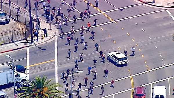 Skateboarders take control of the streets in downtown Los Angeles during the 'Wild in the Streets' event in celebration of 'Go Skateboarding Day' on Tuesday, June 21, 2011.