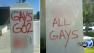 Five anti-gay messages were spray painted in red on different areas around a strip mall in Lancaster over the weekend.