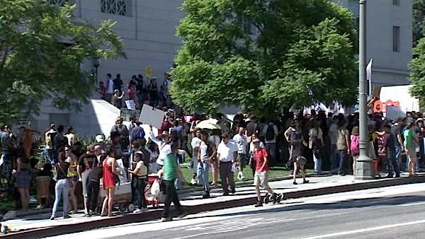 A large crowd assembles outside Los Angeles City Hall during the 'Occupy LA' event, on Saturday, Oct. 1, 2011, a demonstration in solidarity of ongoing protests in New York City and other parts of the nation against corporate greed.