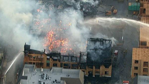 A 3-story apartment building that was under construction caught on fire Thursday, October 27, 2011, in Carson.