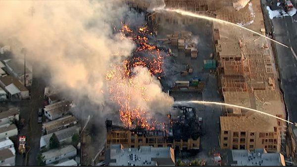 A 3-story apartment building that was under construction caught on fire Thursday, October 27, 2011, in Carson.