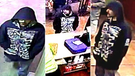 Surveillance still images are shown of the so-called Black Hooded Note Bandit, who police say may be linked to a string of robberies in the Wilshire, Pacific and West L.A. areas.