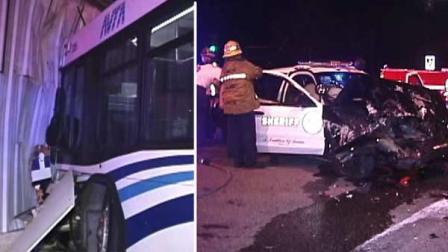 A Los Angeles County sheriffs patrol car was involved in a crash with an Antelope Valley Transit Authority bus on Wednesday, April 4, 2012.
