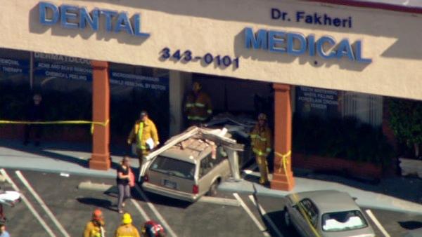A car crashed into a building in Reseda on Thursday, April 19, 2012, injuring several people.
