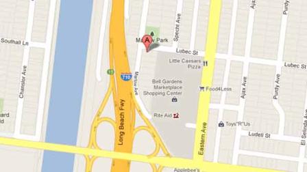 The map indicates the location of the 6800 block of Marlow Avenue in Bell Gardens, where police say they shot a man who threatened them with a car on Friday, April 20, 2012.