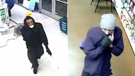 Suspects wanted in a string of robberies are shown in surveillance still images provided by the Los Angeles Police Department.