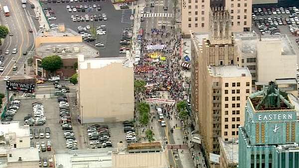 The scene of a May Day march down Broadway in downtown Los Angeles on Tuesday, May 1, 2012.