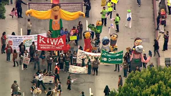 Protesters for Korean workers' rights march down Broadway in downtown Los Angeles on Tuesday, May 1, 2012.