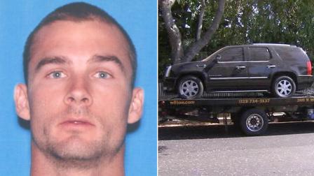 The body of Steven John Simmons, 33, of Running Springs (left) was found in a black Cadillac Escalade (right) near West Hollywood on Saturday, June 9, 2012.