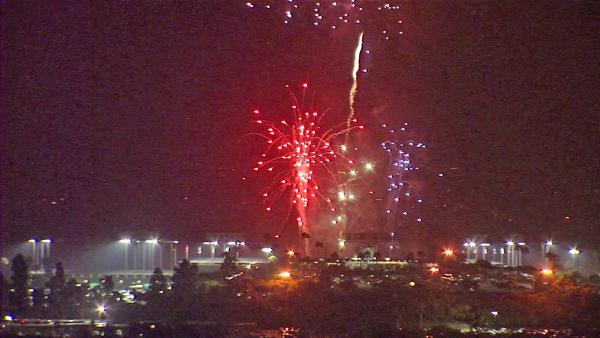 Fireworks are seen in the sky outside Dodger Stadium on Wednesday, July 4, 2012.