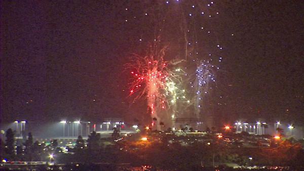 Fireworks are seen in the sky outside Dodger Stadium on Wednesday, July 4, 2012.