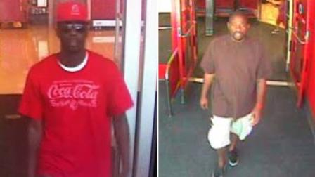 Two suspects, seen in these surveillance still images, are wanted for using fraudulent checks at major retailers in the Palmdale area.