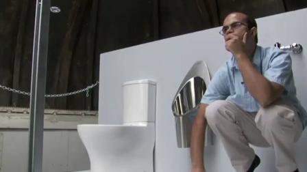 Graduate student Clement Cid with the Caltech teams solar-powered toilet.