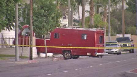 A man drove a recreational vehicle straight into the side of a building in Carson on Wednesday, Aug. 29, 2012. The driver was shot and killed by a sheriffs deputy.