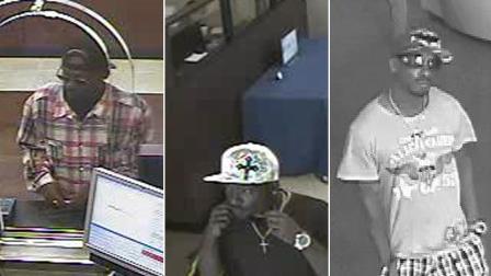 A bank robber suspect nicknamed the Haggler Bandit is shown in multiple still shots from surveillance images.