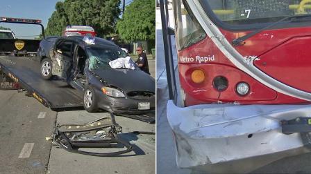 These side-by-side images show a car and a Metro bus involved in a collision on Venice Boulevard and Spaulding Avenue on Sunday, Sept. 2, 2012.