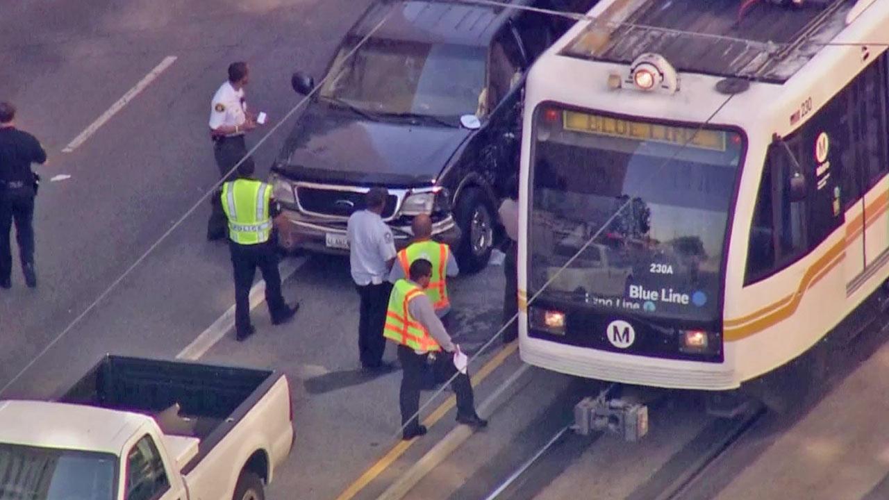 Metro Blue Line train, car crash in downtown LA; 4 injured