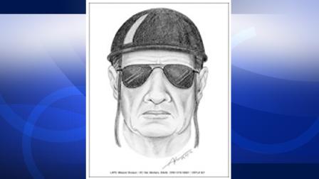 A sketch shows a man suspected of flashing a young girl while riding his moped in Arleta.