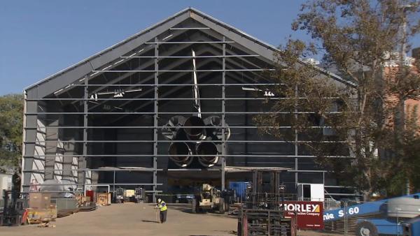 The space shuttle Endeavour rests in its temporary hangar at the California Science Center on Monday, Oct. 15, 2012.