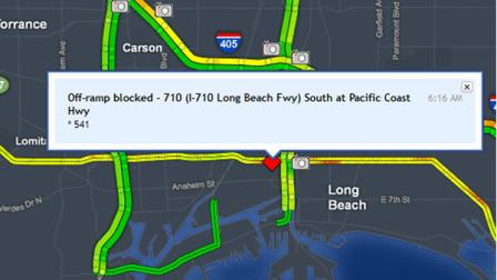 A map shows a closure on the southbound 710 Freeway in Long Beach after a pedestrian was killed Tuesday, Oct. 16, 2012.