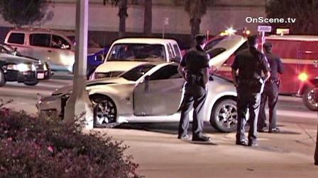 Two cars are shown after crashing in Pico Rivera. One of the cars was driven by a man wanted by police for violating a restraining order in Montebello. He was arrested after the crash on Sunday, Oct. 28, 2012.