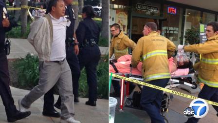 This split photo shows a suspect being led away in handcuffs (Left) in the Koreatown office building shooting on Thursday, Nov. 1, 2012, and the victim (Right), who was transported to a local hospital after being shot multiple times.