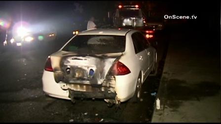 Authorities said a car belonging to a reserve police officer was found torched in El Monte early Thursday, Nov. 8, 2012.