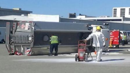 A truck carrying fuel flipped over on the eastside of LAX near Aviation Boulevard Saturday, Nov. 24, 2012.