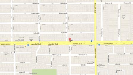 A map indicates the area near Alondra and Horst avenues in Norwalk where three people were arrested after crashing their stolen vehicle during a pursuit on Tuesday, Dec. 4, 2012.